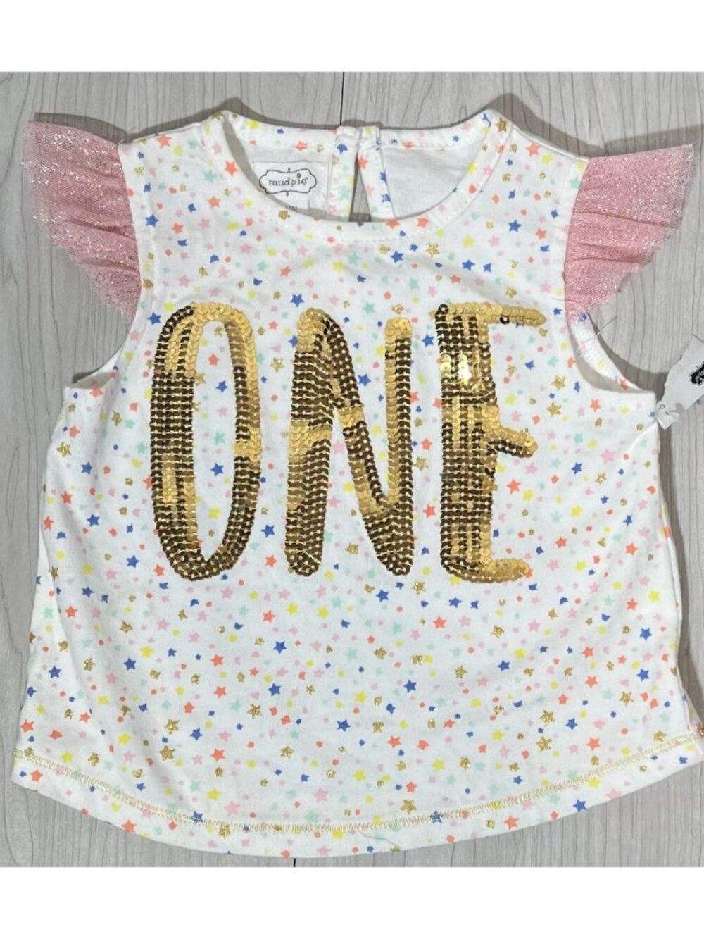 Mud Pie 12-18m NWT white Birthday One 1st 1 bday shirt gold sequin stars ruffle